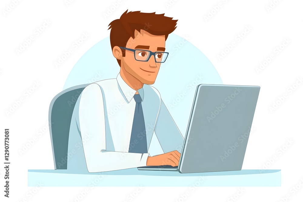 A man wearing glasses and a tie is sitting at a desk with a laptop A man wearing glasses and a tie is sitting at a desk with a laptop