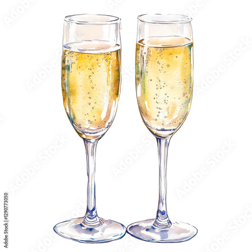 Watercolor illustration of a champagne glass with a festive drink on a white isolated background. Elegant and artistic, perfect for menus, wedding invitations, packaging.