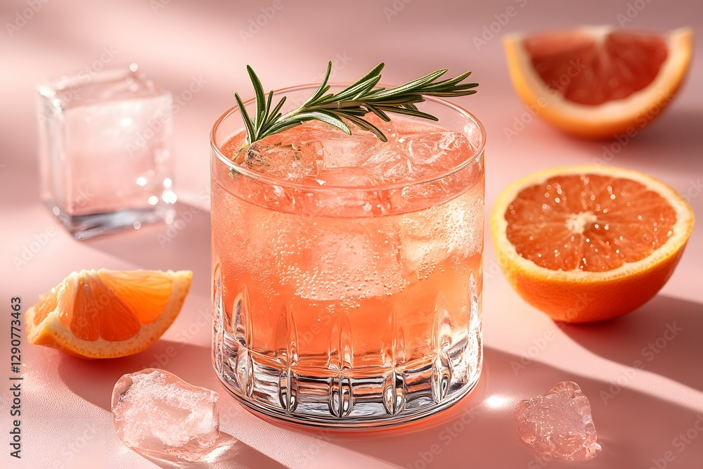 Refreshing Grapefruit Cocktail with Rosemary and Ice on Pink Surface Refreshing Grapefruit Cocktail with Rosemary and Ice on Pink Surface