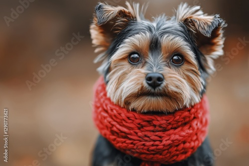 Cute Small Dog Wearing a Red Scarf Sitting Outside During Autumn