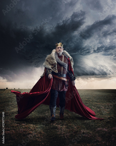 Slika na platnu Medieval king in golden crown, fur-lined cloak, and armor, walking across open field under stormy sky, red cape billowing dramatically