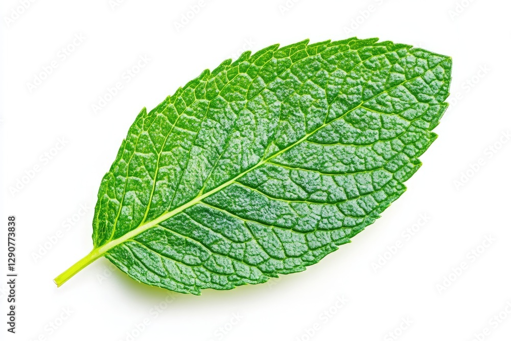 A bright green mint leaf with textured details, isolated A bright green mint leaf with textured details, isolated