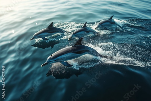 Dolphins Swimming in Clear Ocean Waters Showcasing Playful Behavior During Su...