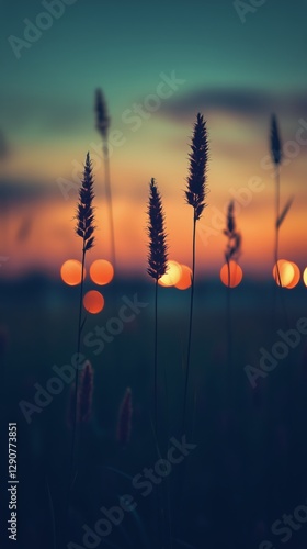 Grass Silhouettes Against a Colorful Sunset With Blurred Bokeh Lights in the ...