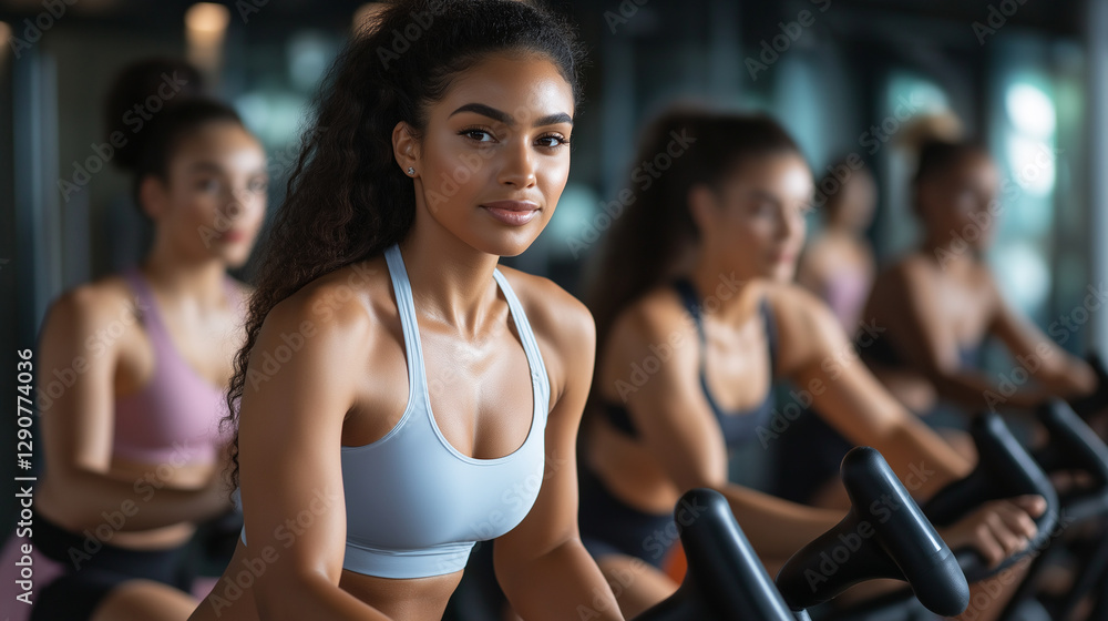 A group of fit, athletic women working out on stationary bikes, their toned muscles engaged as they push through an intense cardio session in a high-tech fitness center.