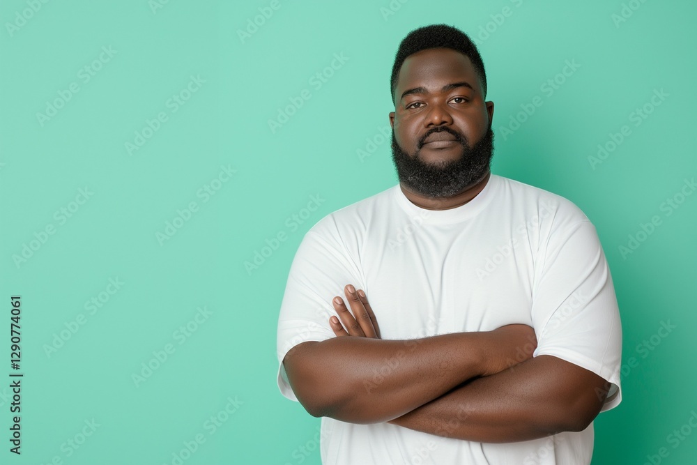 Plus-size African man in lounge clothes standing serious on pastel green background Plus-size African man in lounge clothes standing serious on pastel green background
