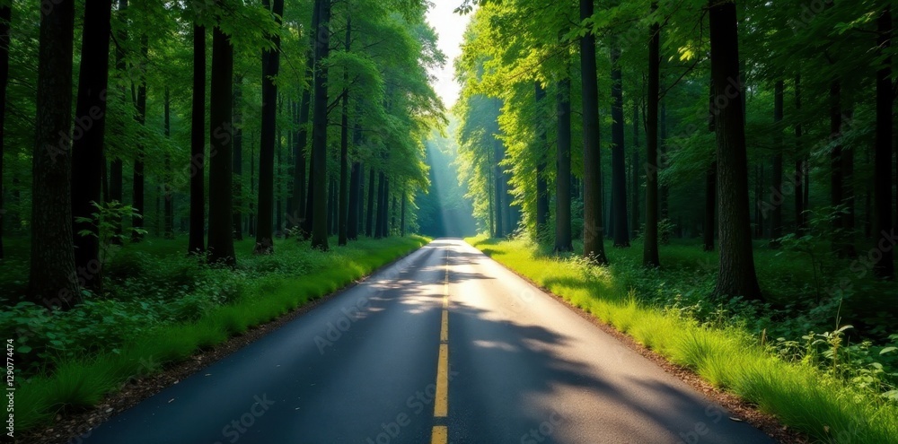 Obraz premium Narrow asphalt road through dense forest, shadows long, shady, journey, forest road