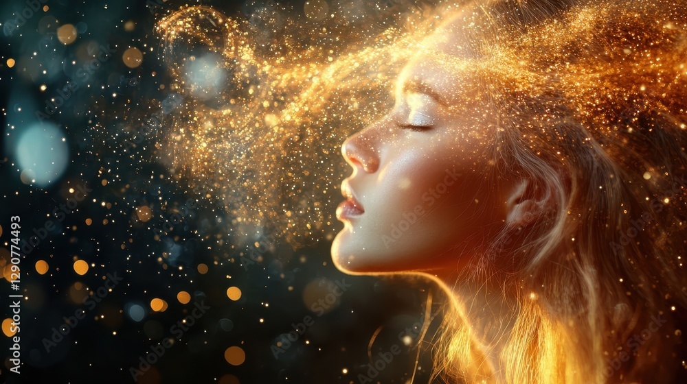 A stunning close-up of a woman as she exhales glittering golden particles, symbolizing dreams and the magical connection between humanity and the universe. A stunning close-up of a woman as she exhales glittering golden particles, symbolizing dreams and the magical connection between humanity and the universe.