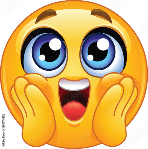 Excited Emoji Emoticon with Wide Eyes, Open Mouth, and Hands on Cheeks, Expressing Shock, Surprise, or Amazement