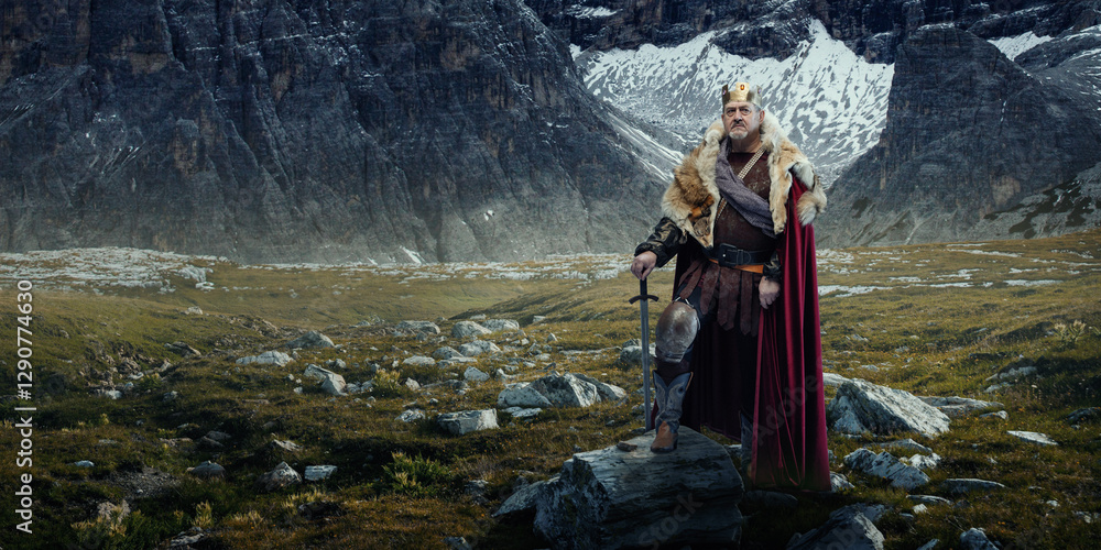 Fototapeta premium Medieval king in golden crown, fur-lined cloak, and armor, standing with sword on rocky hill with towering dark cliffs in background. Concept of history, leadership, conquest, medieval fantasy, power