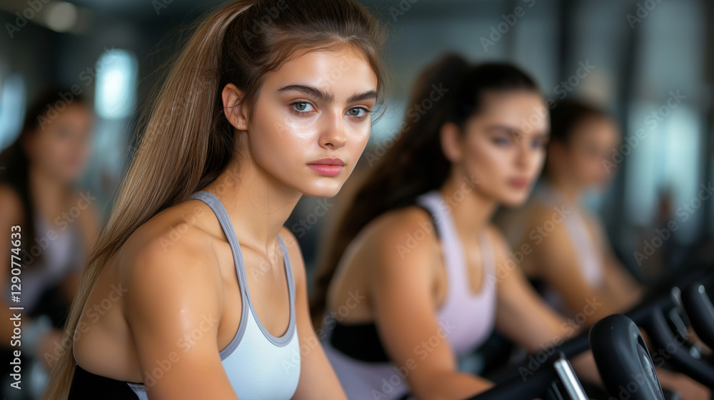 A row of young women pedaling intensely in a stylish gym, large mirrors reflecting their focused expressions and the vibrant energy of their synchronized workout. A row of young women pedaling intensely in a stylish gym, large mirrors reflecting their focused expressions and the vibrant energy of their synchronized workout.