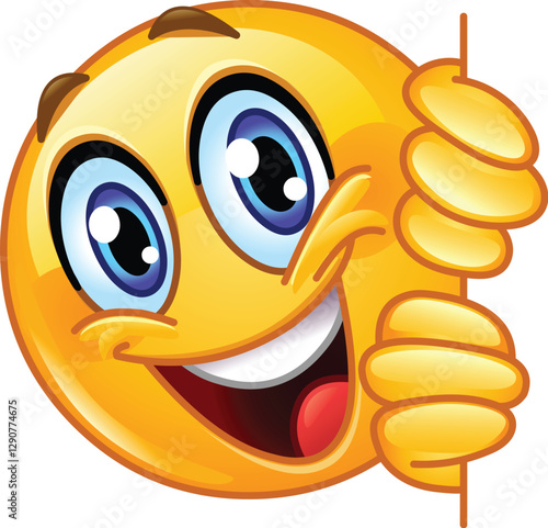 Playful Emoji Emoticon Peeking From Behind a Wall with a Big Smile