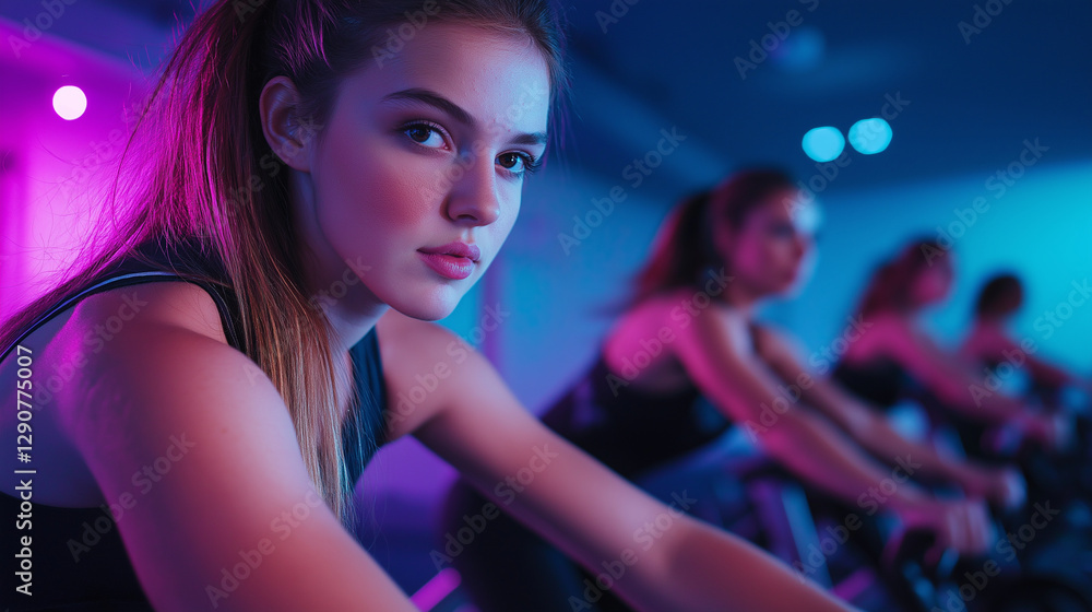 Fototapeta premium Bright gym lights shine on determined young women riding stationary bikes at full speed, their athletic physiques and focused gazes highlighting their dedication to health.
