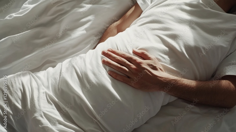 Stomach pain felt by a man lying on a clean white bed, holding his stomach. Featuring discomfort and self-care Stomach pain felt by a man lying on a clean white bed, holding his stomach. Featuring discomfort and self-care