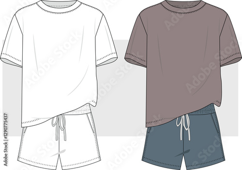 Men's oversize t shirt and drawstring elastic waist band short pant flat sketch vector illustration sleepwear, casual wear, pajama set cad drawing mockup template.