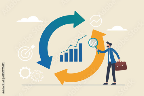 Economic cycle to study up and down on stock market, booming or recession, business cycle for marketing, statistic or data analysis concept, businessman with magnifier on economic cycle diagram.