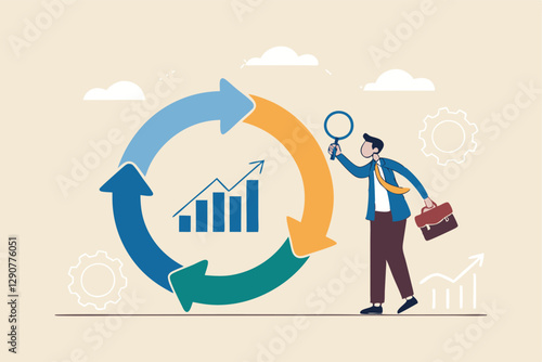 Economic cycle to study up and down on stock market, booming or recession, business cycle for marketing, statistic or data analysis concept, businessman with magnifier on economic cycle diagram.