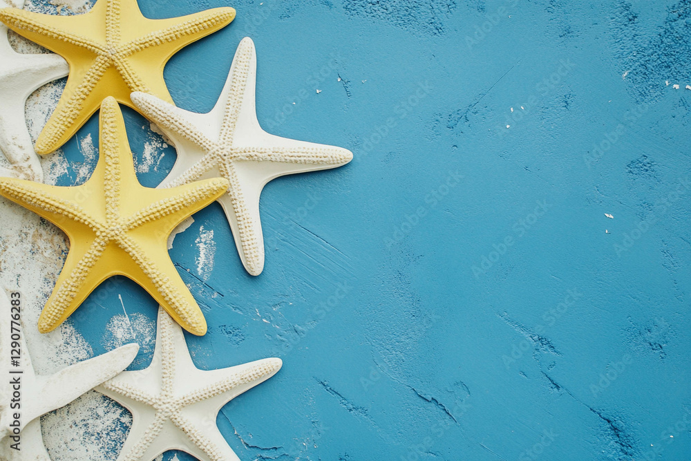 A collection of starfish in yellow and white colors arranged on a textured blue background, creating a vibrant coastal theme. A collection of starfish in yellow and white colors arranged on a textured blue background, creating a vibrant coastal theme.