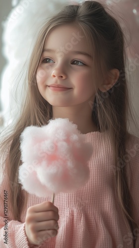 Young Girl Enjoying Cotton Candy While Smiling in a Bright, Natural Light Set...