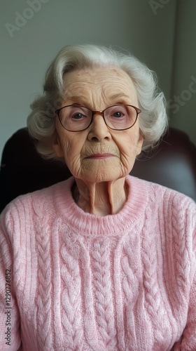 Elderly Woman With Glasses Wearing a Pink Sweater Sitting Indoors With a Warm...