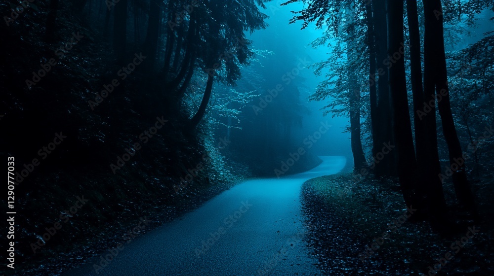 Obraz premium Dark, misty forest road winding through trees at night.