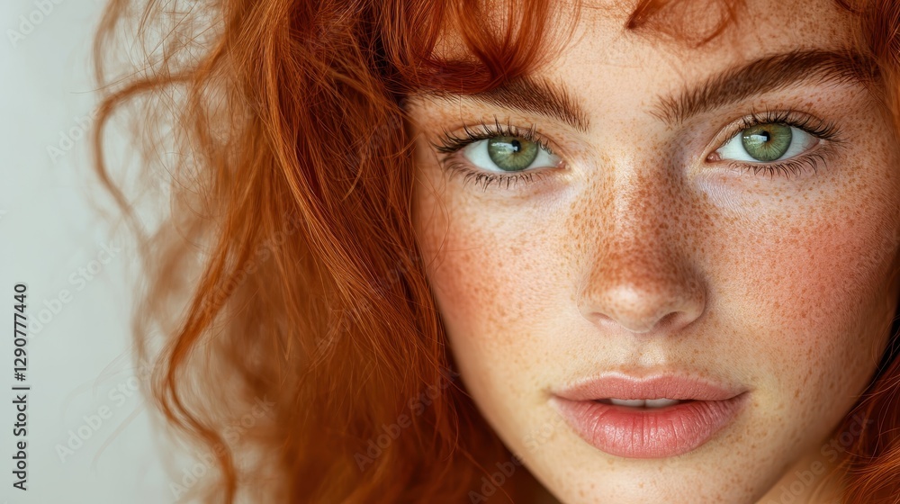 A charming portrait of a young woman with striking green eyes and freckles surrounded by soft curls, encapsulating beauty, warmth, and self-assurance. A charming portrait of a young woman with striking green eyes and freckles surrounded by soft curls, encapsulating beauty, warmth, and self-assurance.