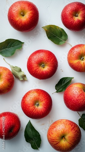 Fresh Red Apples Arranged With Green Leaves on a White Background Showcasing ...