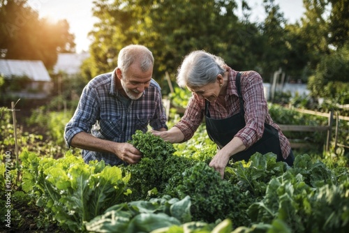 Wallpaper Mural Elderly couple gardening together in lush vegetable garden at sunset Torontodigital.ca
