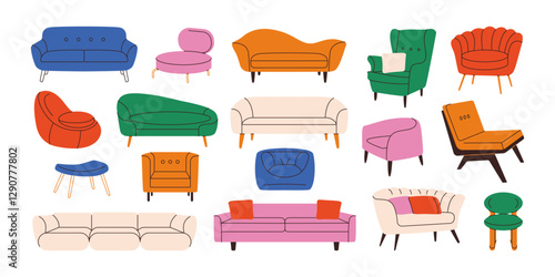 Modern home furniture. Cozy sofas, chairs, armchairs, ottomans, and couches with cushions, living room interior with stylish upholstered seats cartoon flat style. Vector set