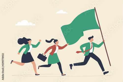 Leader determination to lead team to success, motivation to win together, direction forward for future success, victory or triumph concept, businessman leader holding winner flag leading to success.