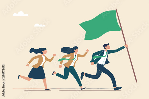 Leader determination to lead team to success, motivation to win together, direction forward for future success, victory or triumph concept, businessman leader holding winner flag leading to success.