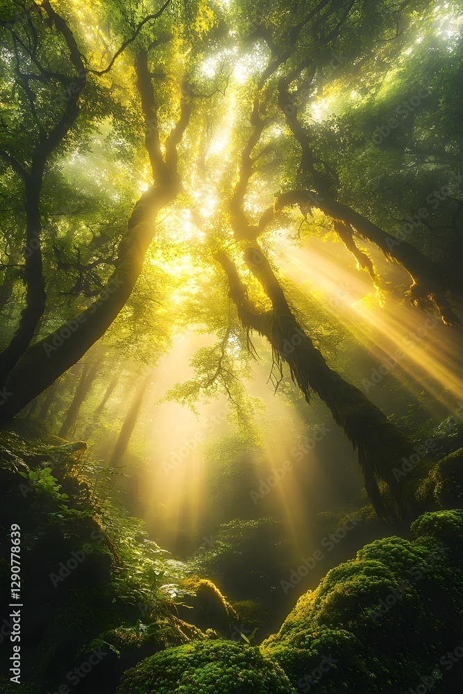 Fototapeta premium Ethereal Golden Rays Streaming Through Enchanted Moss-Covered Forest