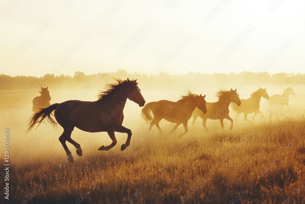 Wild horses galloping at sunset in misty golden field landscape Wild horses galloping at sunset in misty golden field landscape