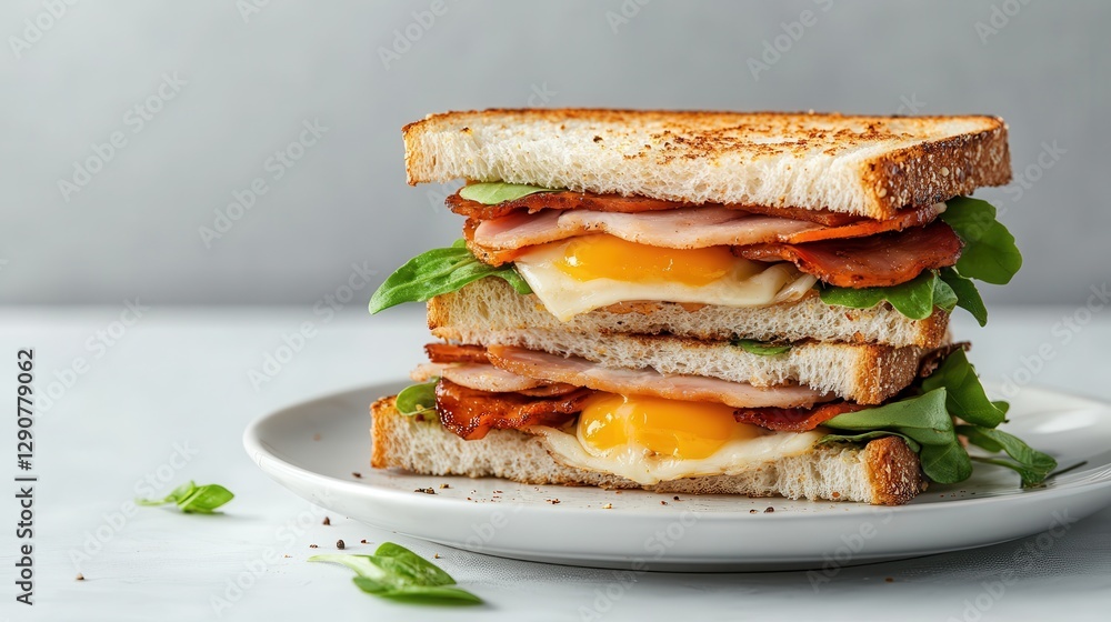 A sumptuous breakfast sandwich layered with crispy bacon, fresh greens, and a perfectly cooked egg, presented on a light plate against a soft background for a pleasing look. A sumptuous breakfast sandwich layered with crispy bacon, fresh greens, and a perfectly cooked egg, presented on a light plate against a soft background for a pleasing look.