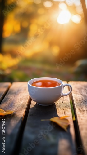 Warm Cup of Tea on a Wooden Table During Sunset in a Serene Garden