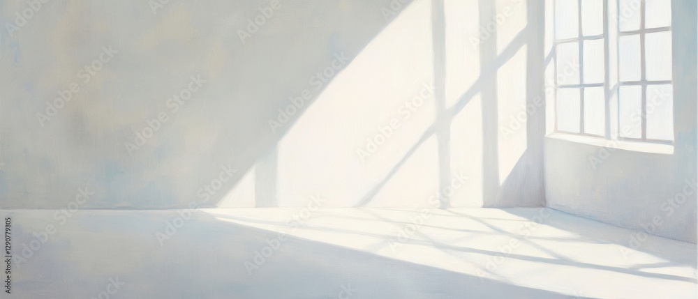 Obraz premium Bright empty room with large windows, natural light streaming in, minimalist interior, soft shadows on white walls, peaceful and modern space for creativity.