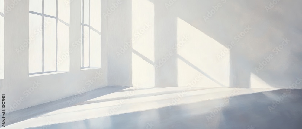 Obraz premium Bright empty interior space with large windows, natural light streaming in, white walls and floor, minimalist design, ideal for modern architecture backgrounds.