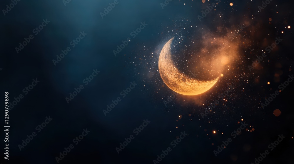 Fototapeta premium This mesmerizing image presents a crescent moon radiating a warm glow, surrounded by swirling cosmic light, capturing the beauty and mystery of the universe.
