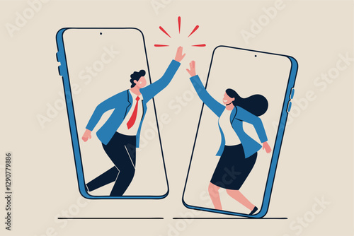 online video conference concept, remote working or online greeting for business achievement, Virtual hi five for success collaboration, happy businessman and businesswoman hi five from mobile phone.