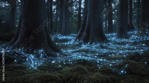 Mystical forest illuminated by glowing blue mycelium networks beneath ancient trees. Concept nature’s connectivity, hidden intelligence, biodiversity, harmony, mystery, and organic communication.