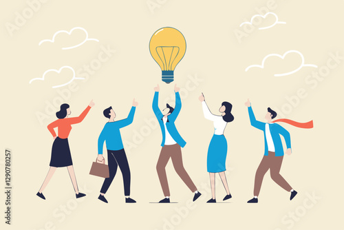 Solution expert solving problem or leader giving advise in meeting discussion, thinking for solution, creativity or professional to help, eureka moment concept, businessman with bright lightbulb.