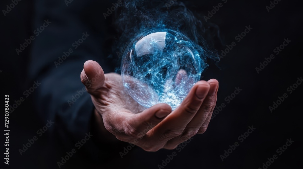 A stunning visualization of a hand holding a crystal sphere, radiating captivating blue energy, symbolic of mystical forces and human connection to nature's elements. A stunning visualization of a hand holding a crystal sphere, radiating captivating blue energy, symbolic of mystical forces and human connection to nature's elements.
