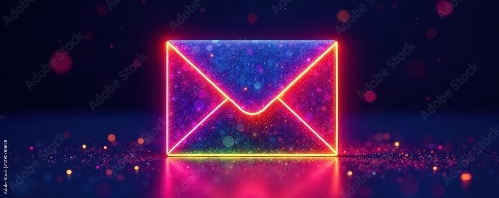 Naklejka premium Neon envelope, multicolored glitter effect, dark backdrop, dark, vibrant, glitter