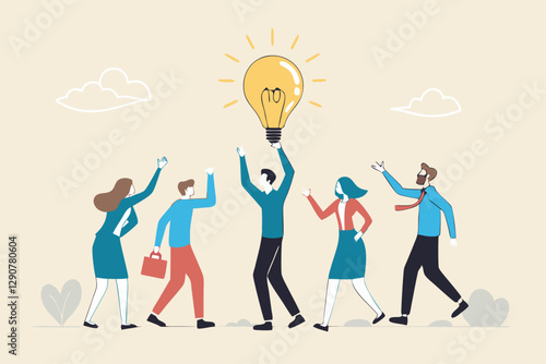 Solution expert solving problem or leader giving advise in meeting discussion, thinking for solution, creativity or professional to help, eureka moment concept, businessman with bright lightbulb.