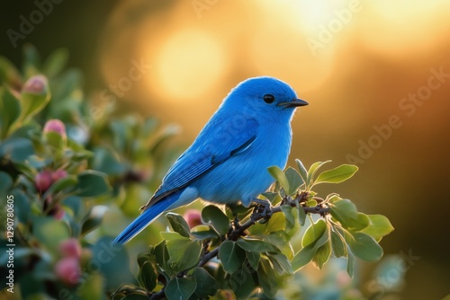 Colorful Blue Bird Perched on Green Foliage in a Natural Setting During Dayli...