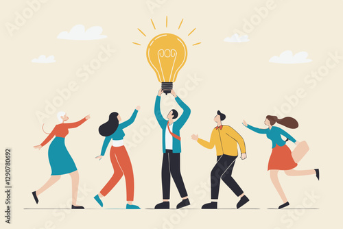 Solution expert solving problem or leader giving advise in meeting discussion, thinking for solution, creativity or professional to help, eureka moment concept, businessman with bright lightbulb.