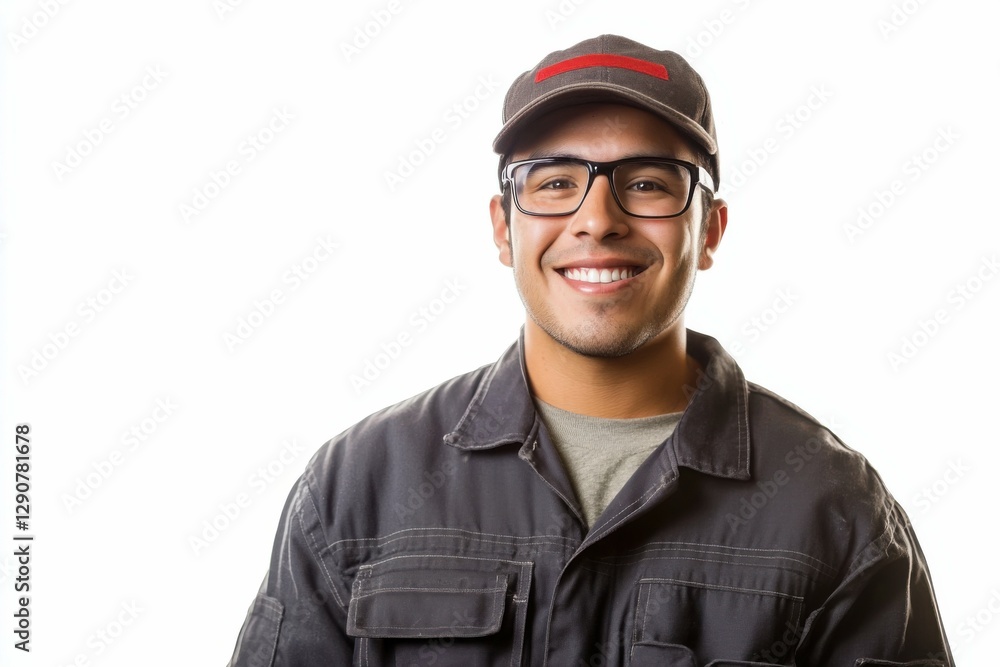 Hispanic Mechanic. Portrait of a Happy Young Adult mechanic Standing on White Background Hispanic Mechanic. Portrait of a Happy Young Adult mechanic Standing on White Background