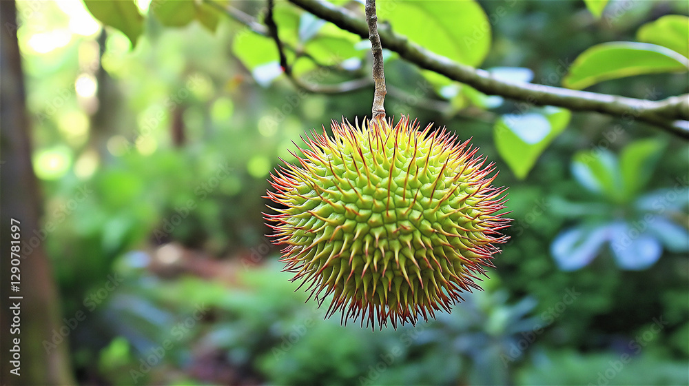 A tropical fruit hanging from a tree, with a spiky exterior and a natural green color. The image evokes a sense of exotic freshness, perfect for tropical or natural food themes. A tropical fruit hanging from a tree, with a spiky exterior and a natural green color. The image evokes a sense of exotic freshness, perfect for tropical or natural food themes.