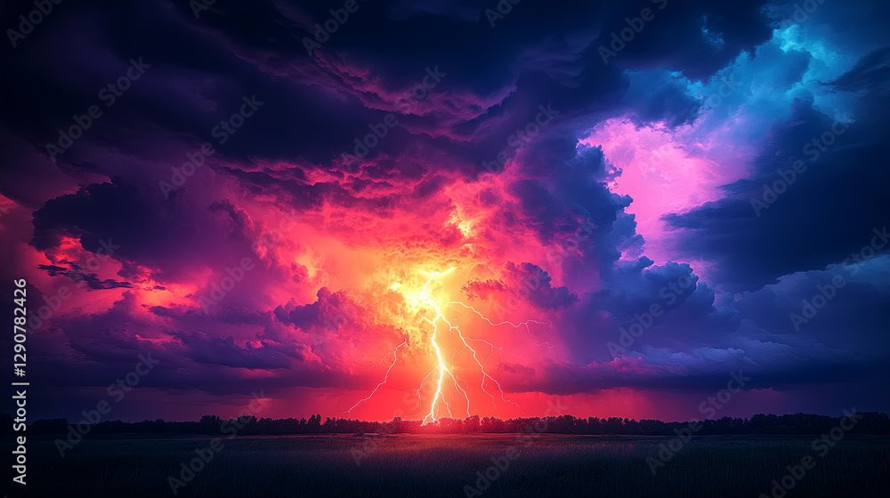 Obraz premium Vivid lightning bolt striking through a colorful and dramatic sky over a dark landscape, Generative AI
