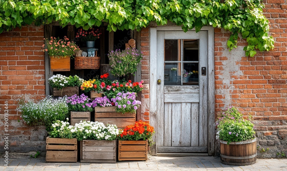 Naklejka premium Rustic Brick House with Flower Display and Wooden Door